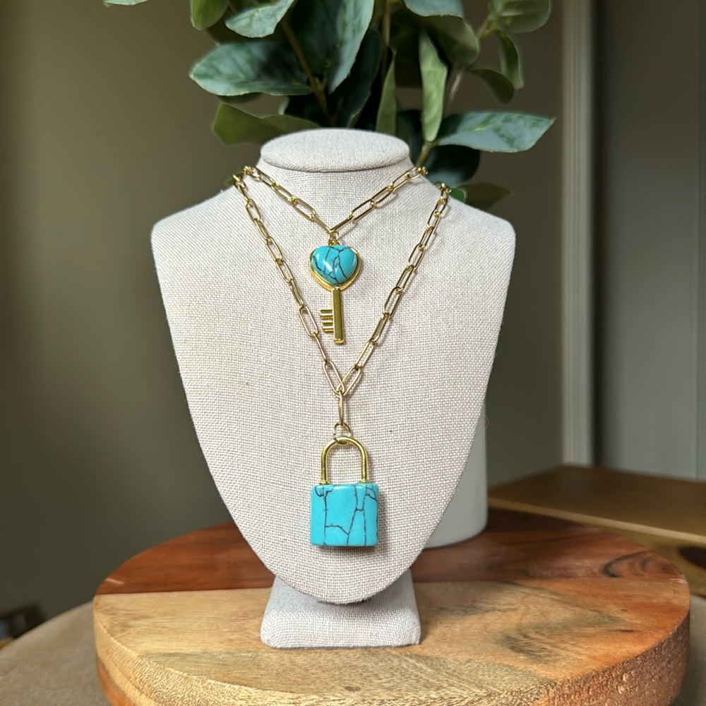 Turquoise Stone Crystal Lock & Key Paper Clip/Plain Chain Necklace